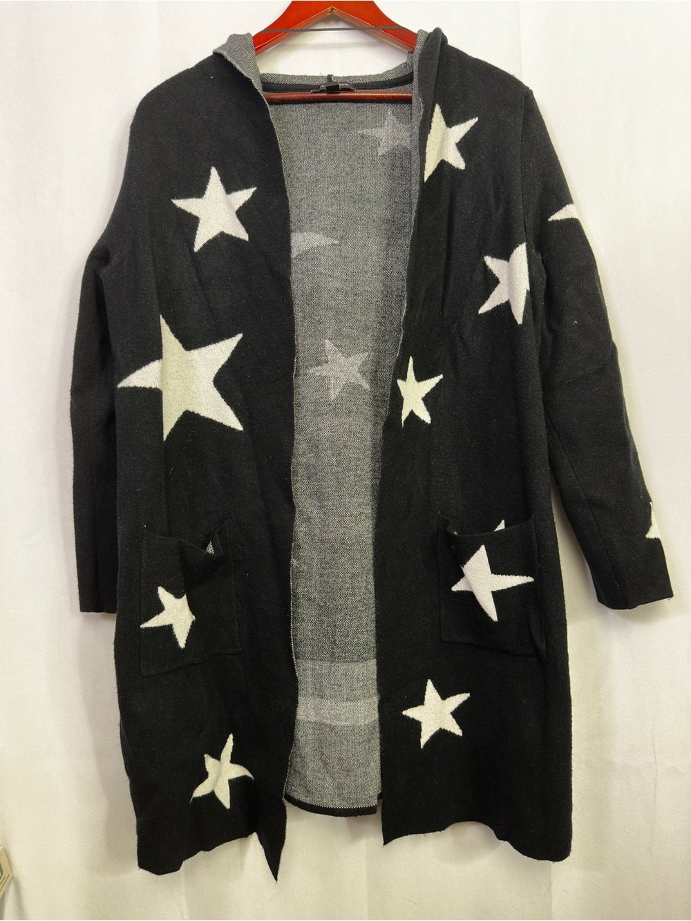 Calligraphie Star Hooded Cardigan Open Long Open Front Black Large Womens Knit